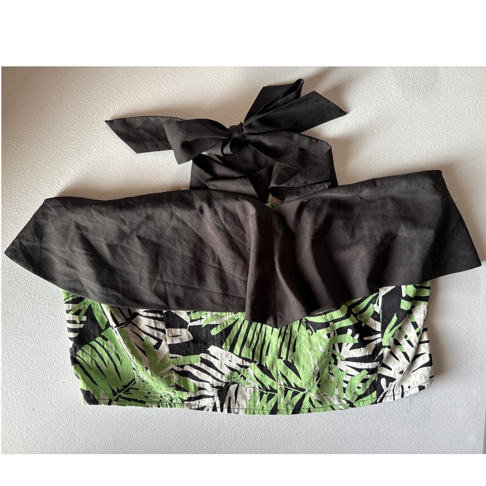 Unique Vintage Halter Top Ruffle‎ Smocked Tropical Palm Print Plus Size 1x/16